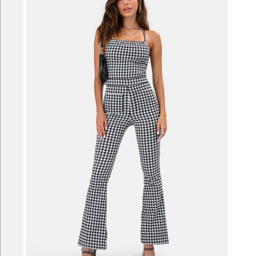 ADIKA Plaid Gingham Denim Open Back flare Jumpsuit